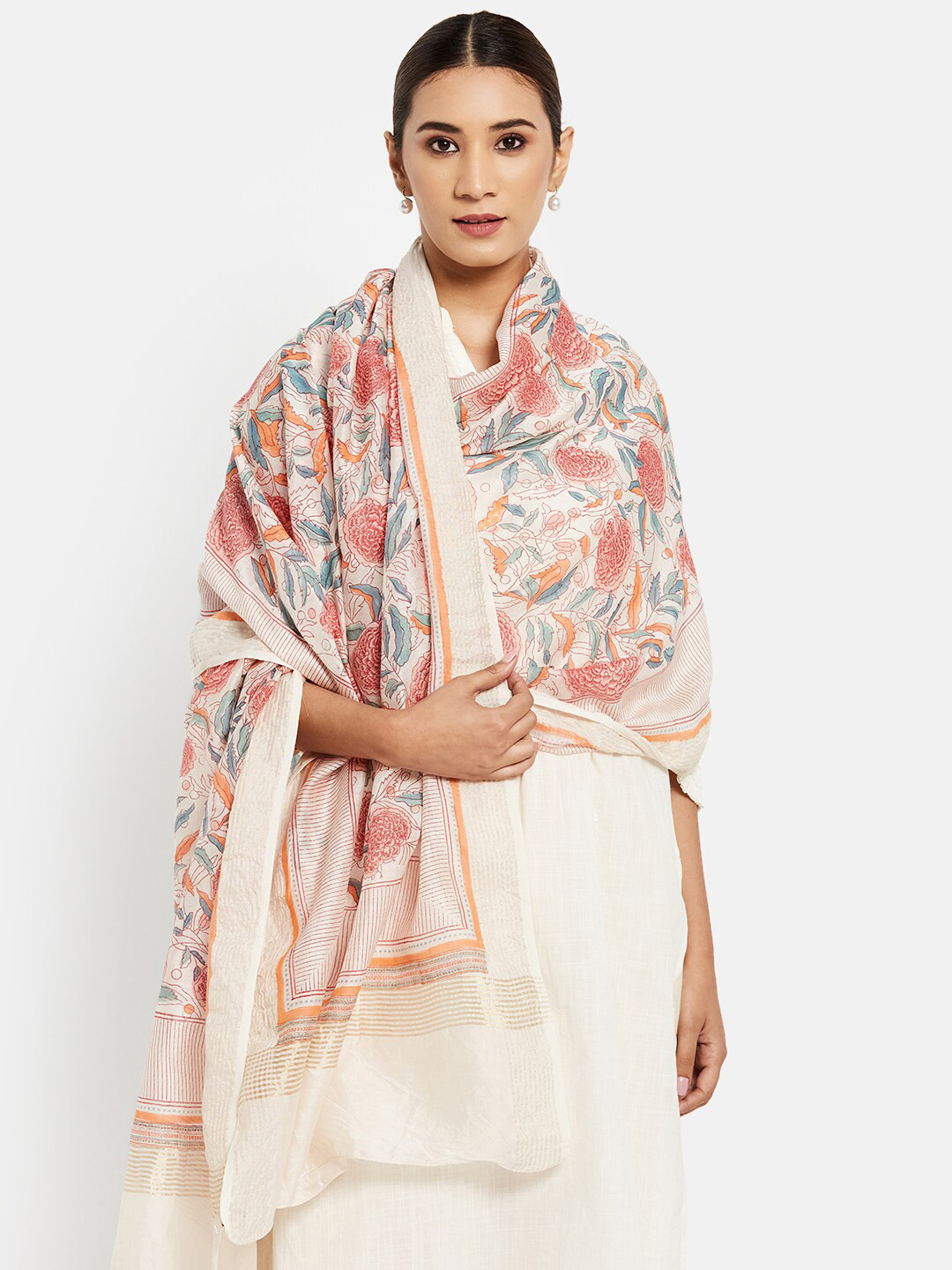 

Fabindia Pink & Blue Floral Printed Cotton Silk Dupatta