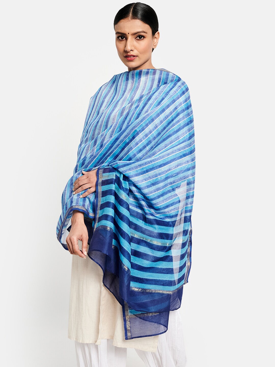 

Fabindia Blue & White Printed Cotton Silk Dupatta