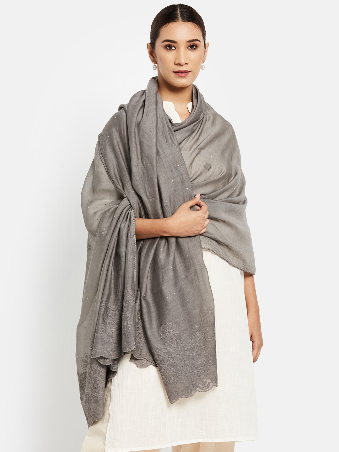 

Fabindia Women Charcoal Paisley Embroidered Cotton Silk Dupatta