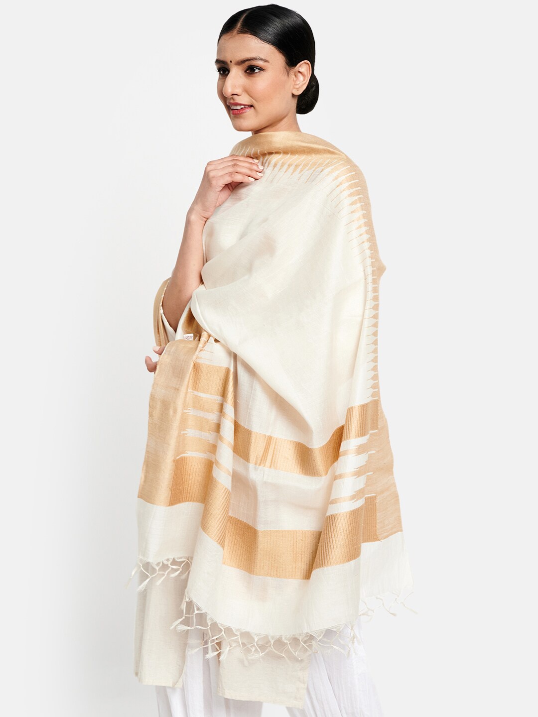 

Fabindia Women Off White & Gold-Toned Woven Design Cotton Silk Dupatta