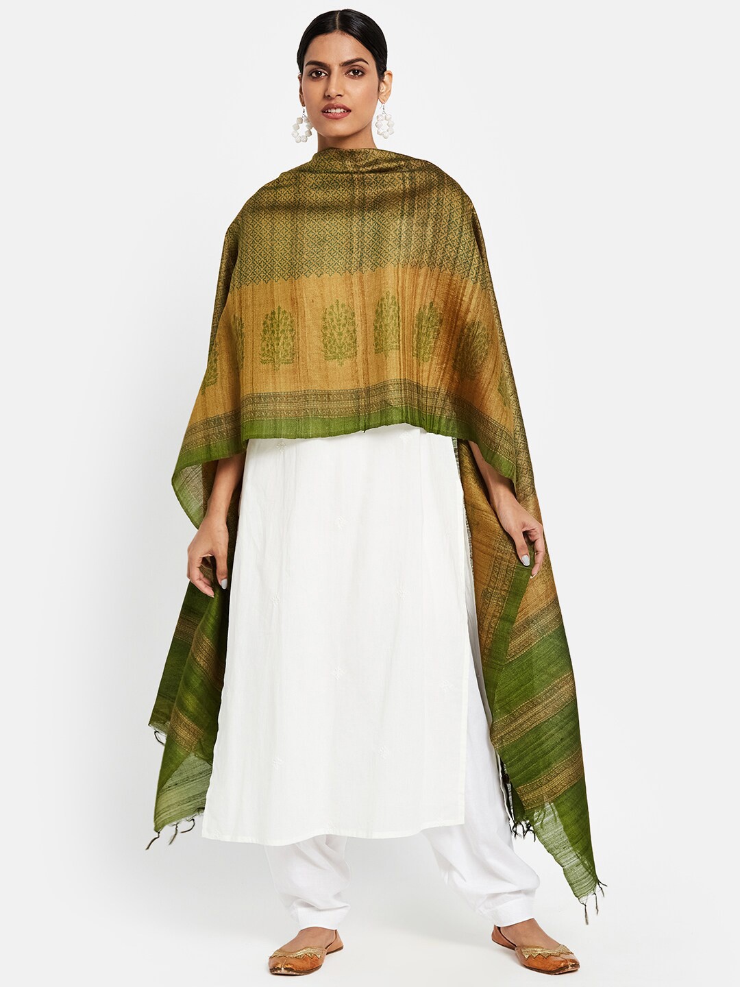 

Fabindia Green & Beige Printed Pure Silk Dupatta