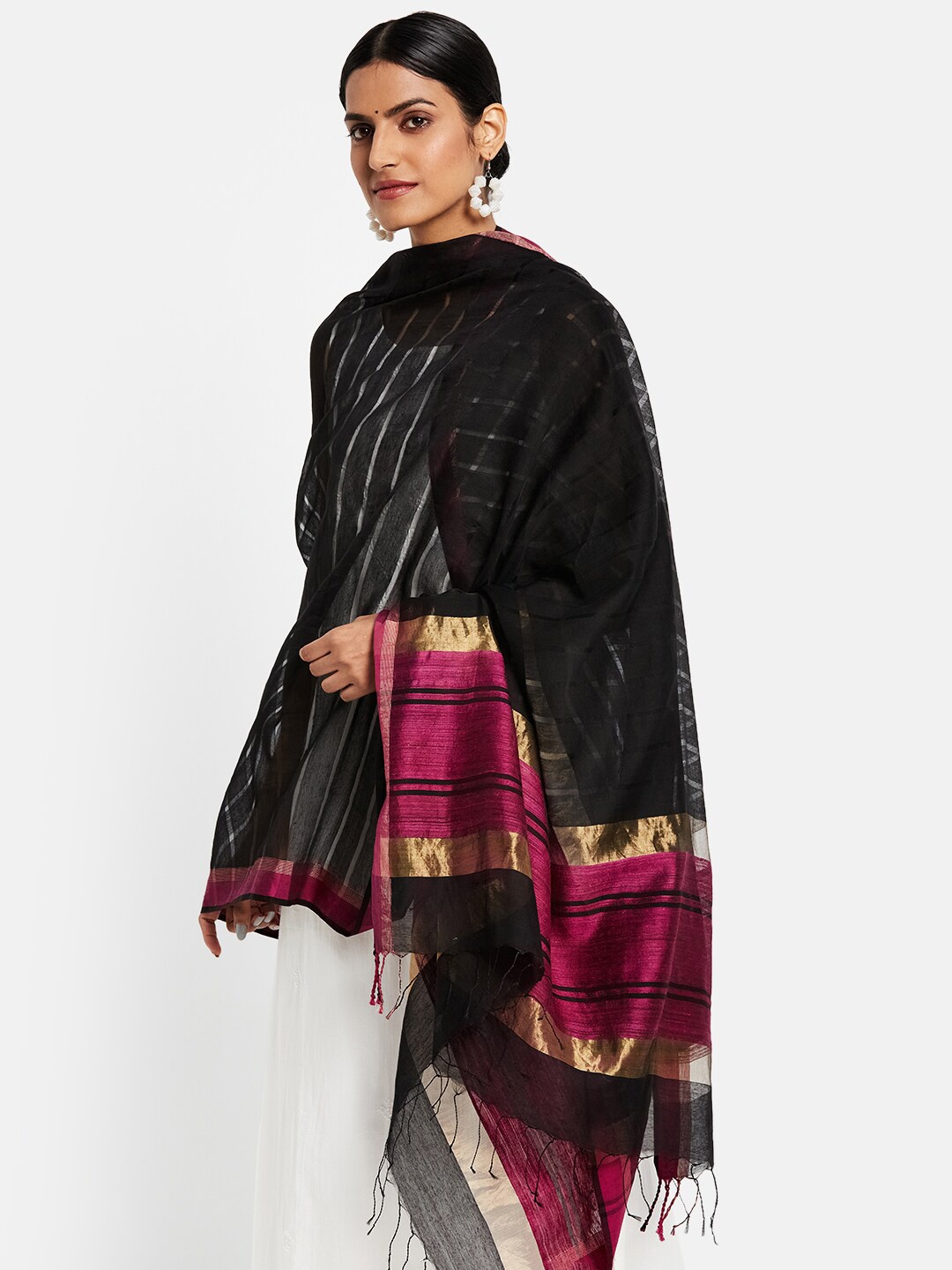 

Fabindia Black & Maroon Woven Design Cotton Silk Dupatta