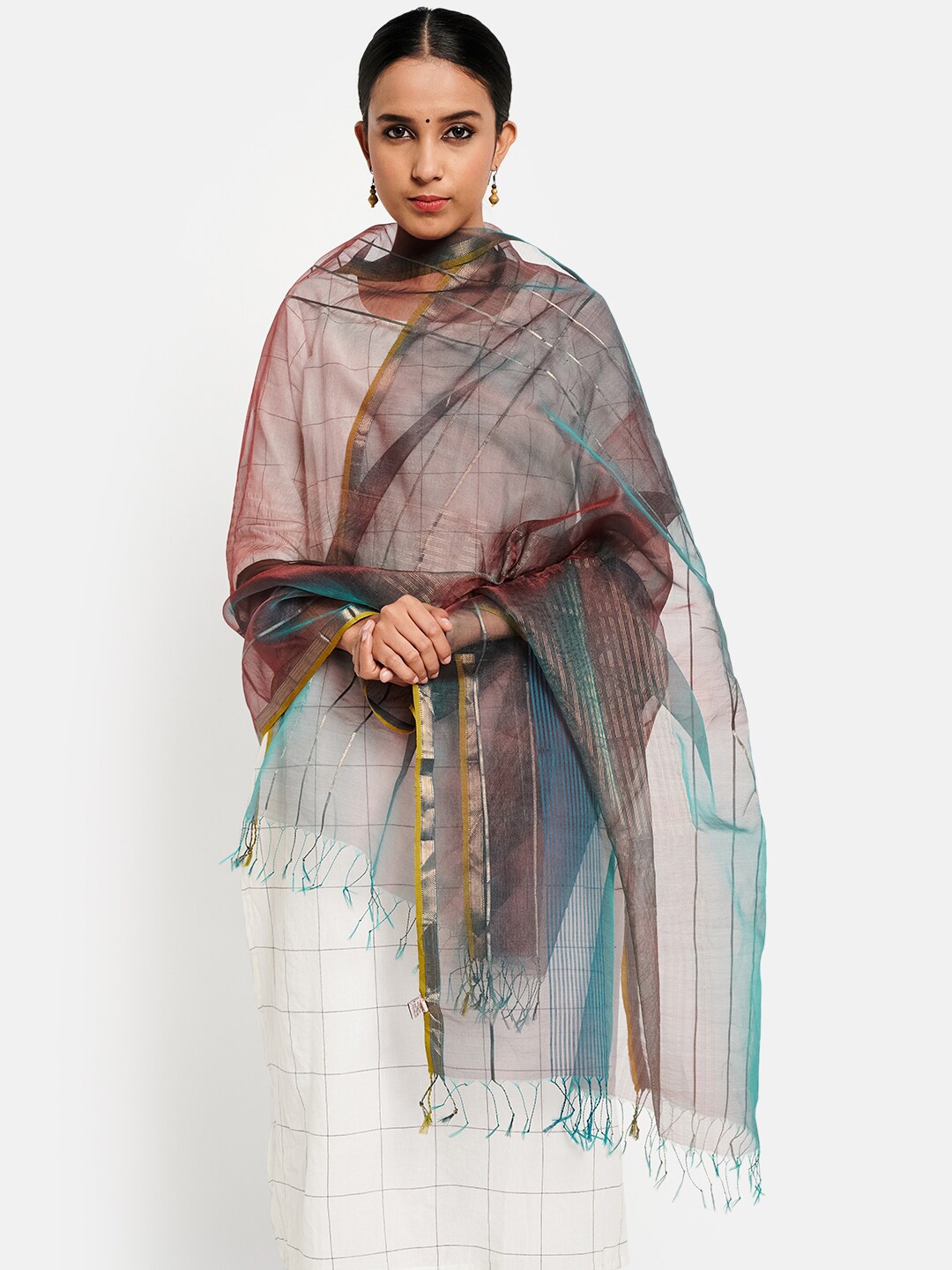 

Fabindia Green & Pink Woven Design Cotton Silk Dupatta with Zari