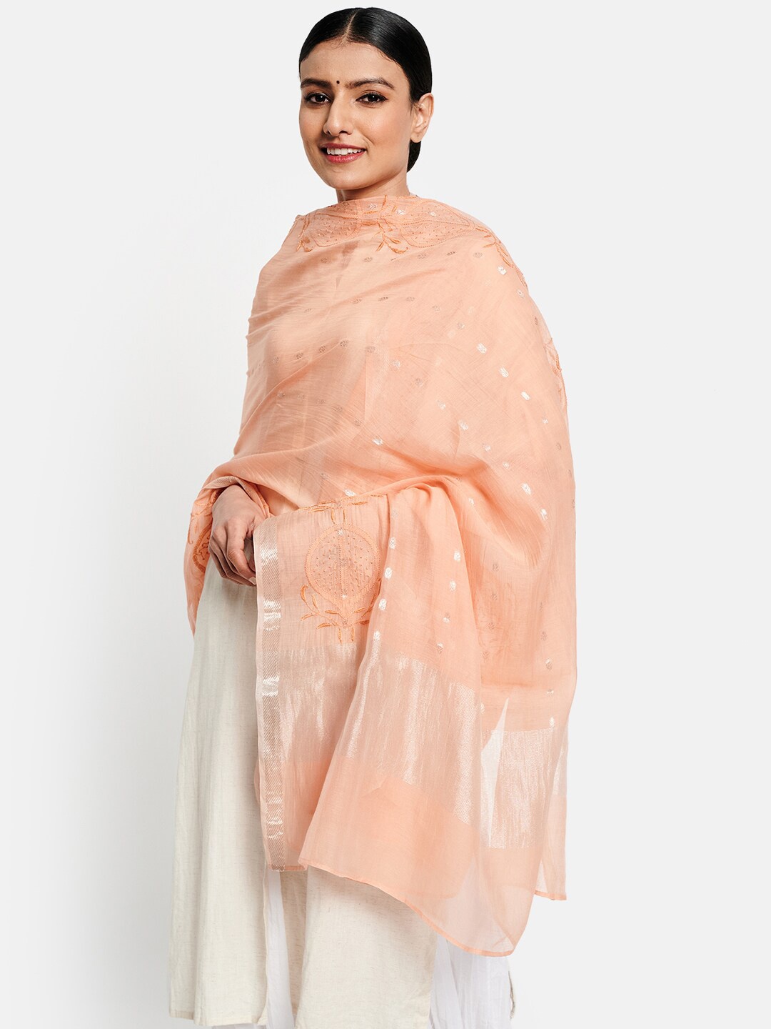 

Fabindia Women Peach-Coloured & Silver Chikankari Embroidered Cotton Silk Dupatta