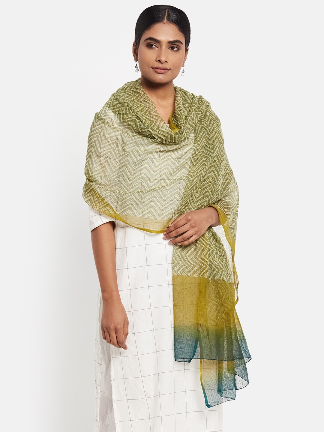 

Fabindia Women Green & Blue Printed Cotton Silk Dupatta