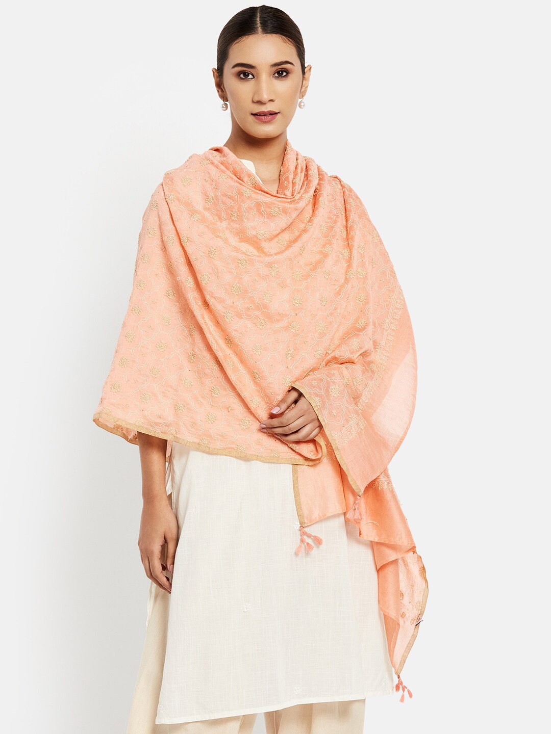 

Fabindia Coral & Golden Chikankari Embroidered Cotton Silk Dupatta