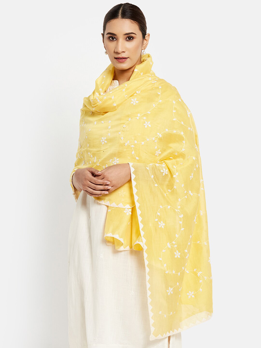 

Fabindia Yellow & White Embroidered Woven Design Cotton Silk Dupatta