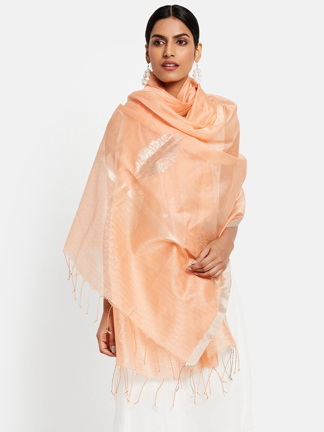 

Fabindia Peach-Coloured & Silver Ethnic Motifs Woven Design Cotton Silk Dupatta