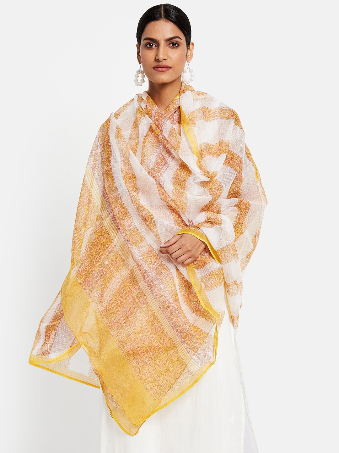 

Fabindia Yellow & White Ethnic Motifs Printed Cotton Silk Dupatta