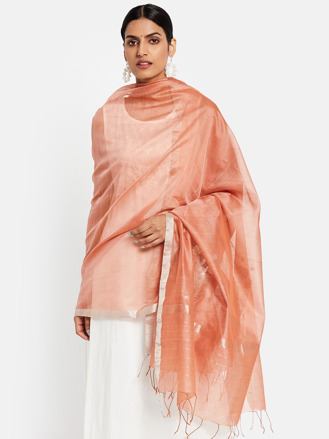 

Fabindia Women Peach-Coloured Woven Design Cotton Silk Dupatta