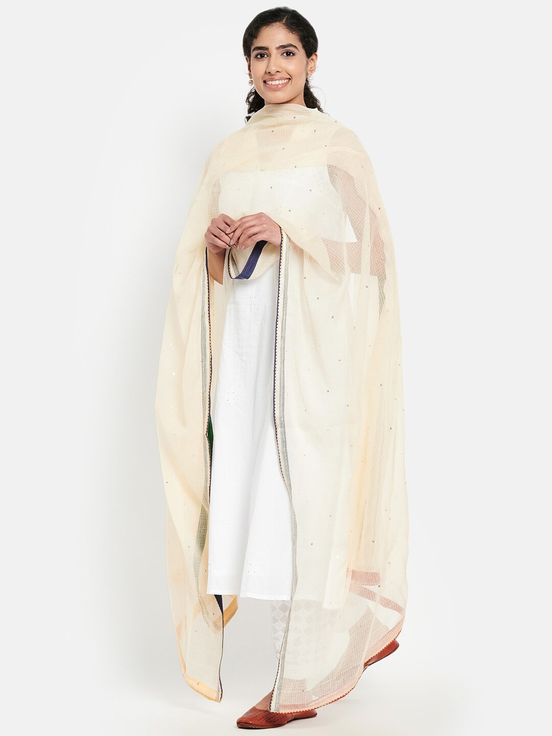 

Fabindia Off White & Green Embroidered Cotton Silk Dupatta