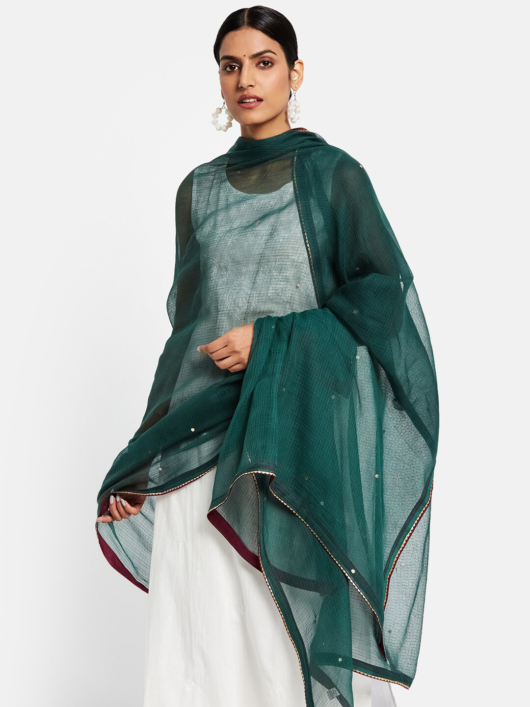 

Fabindia Women Teal & Gold-Toned Embroidered Cotton Silk Dupatta