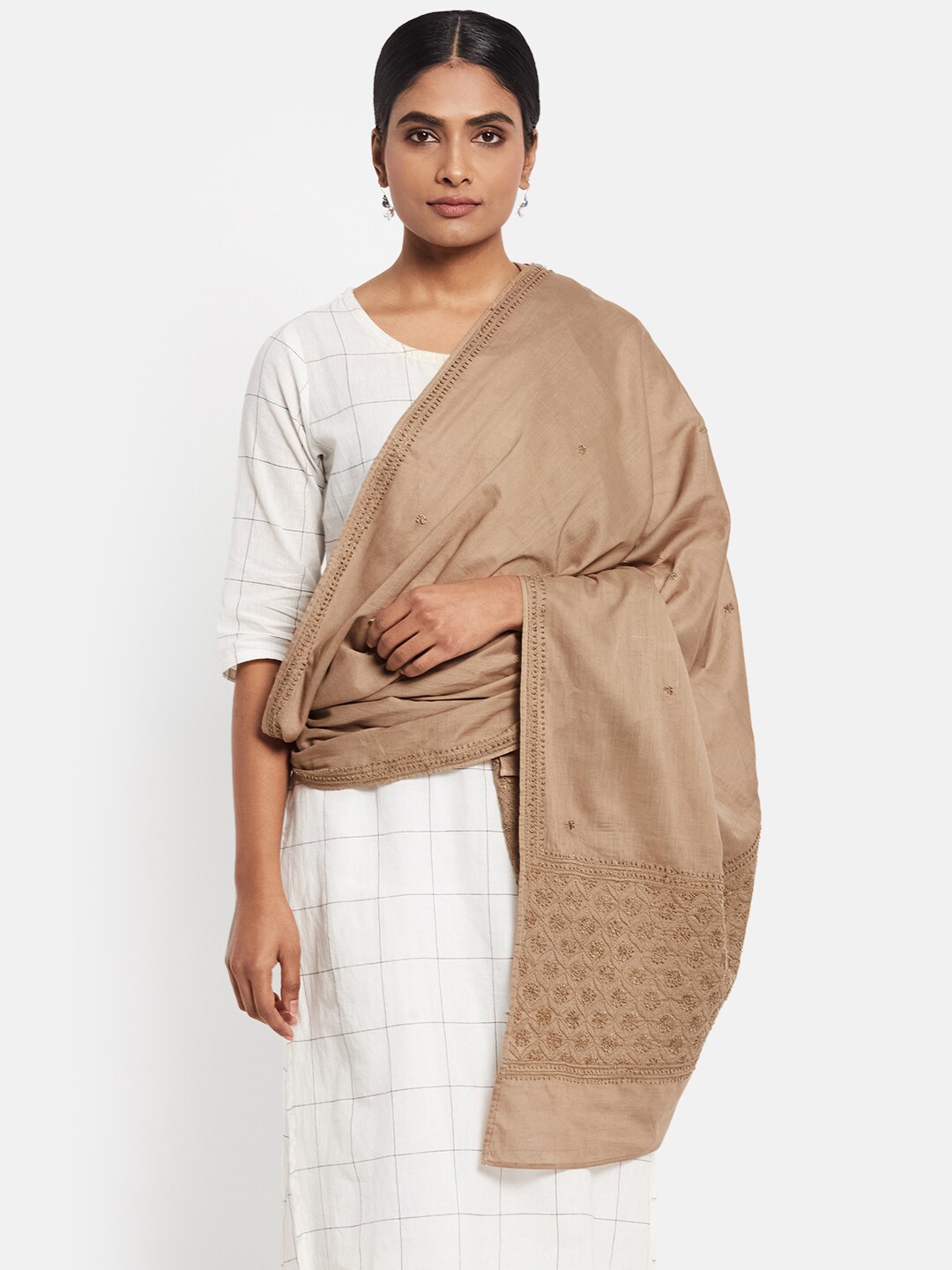

Fabindia Brown Chikankari Embroidered Pure Cotton Dupatta