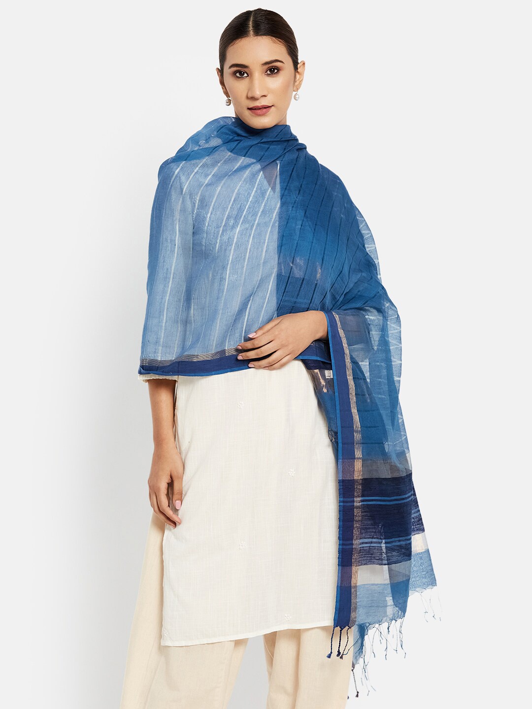 

Fabindia Blue & Golden Woven Design Cotton Silk Dupatta
