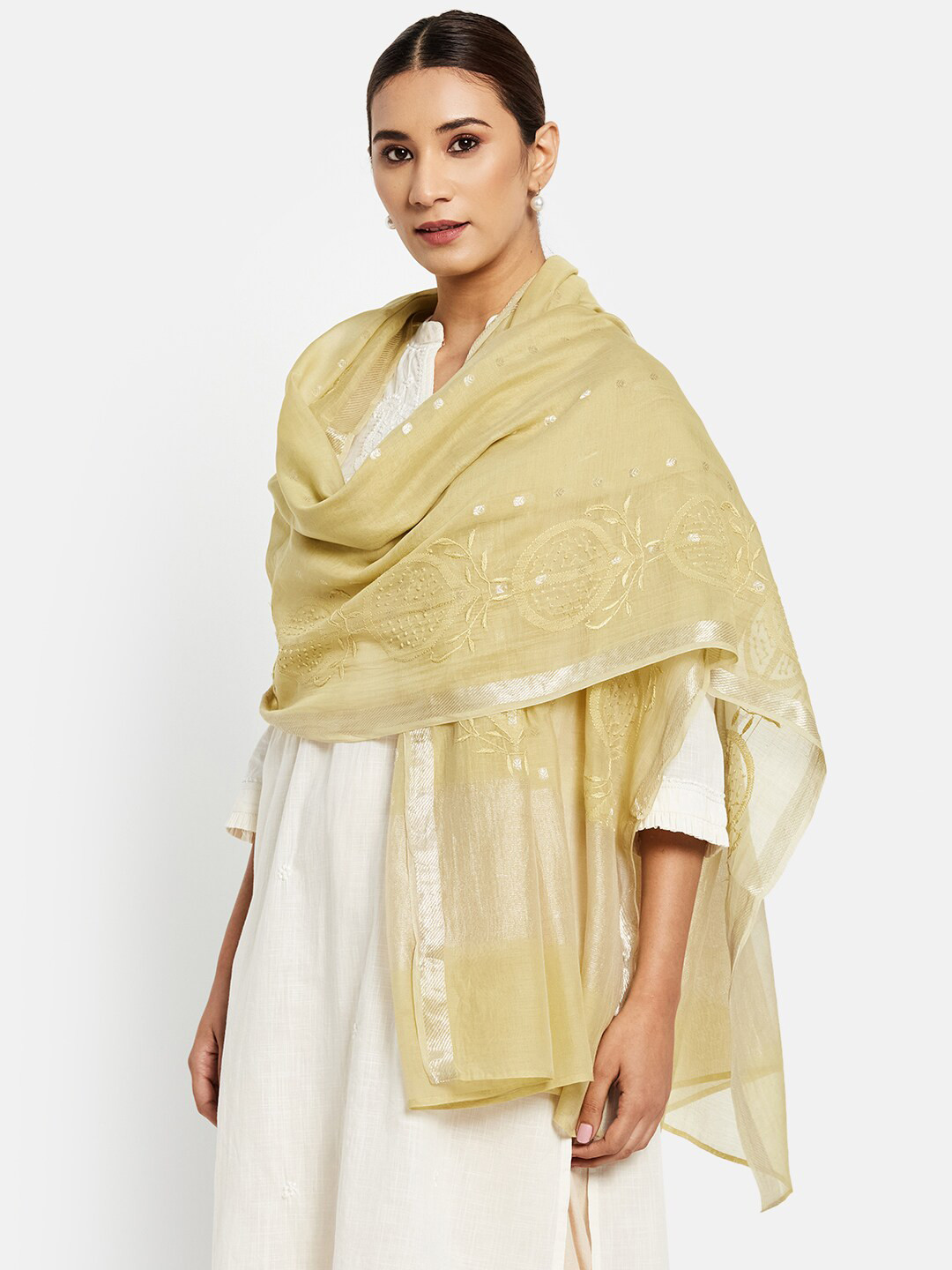 

Fabindia Women Green & Silver Chikankari Embroidered Cotton Silk Dupatta