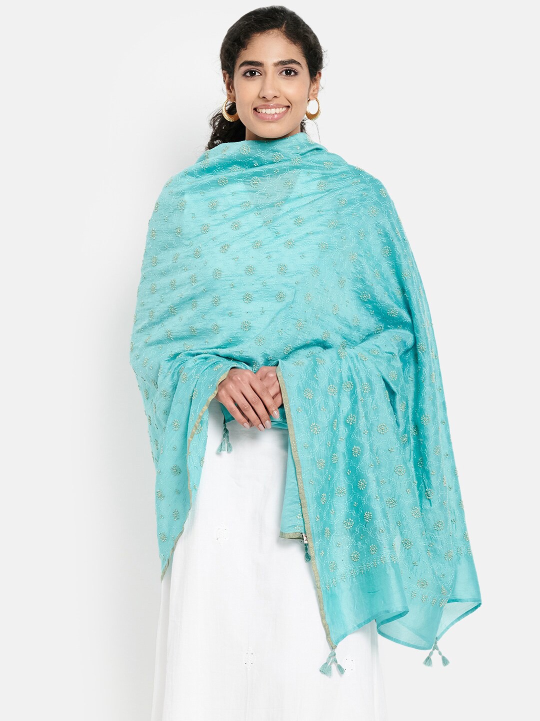 

Fabindia Women Blue & Gold-Toned Embroidered Cotton Silk Dupatta