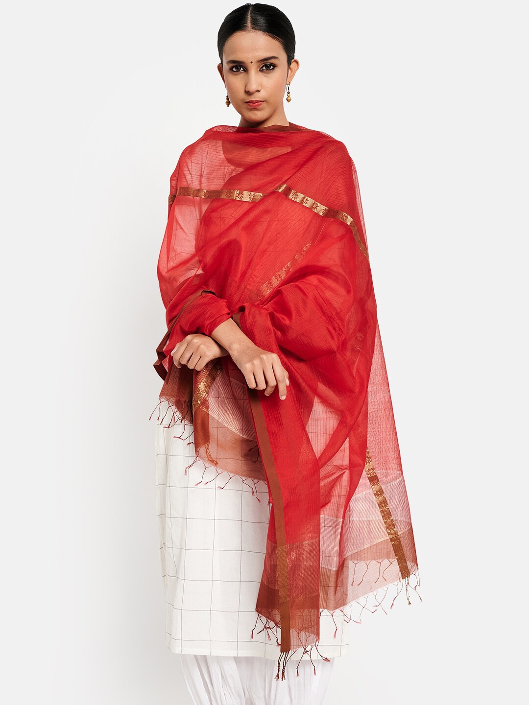 

Fabindia Red & Golden Woven Design Cotton Silk Dupatta