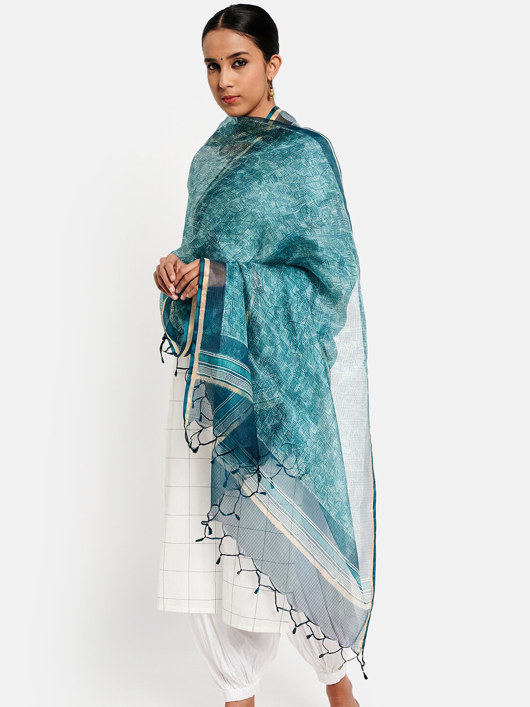 

Fabindia Blue & Beige Printed Pure Silk Dupatta