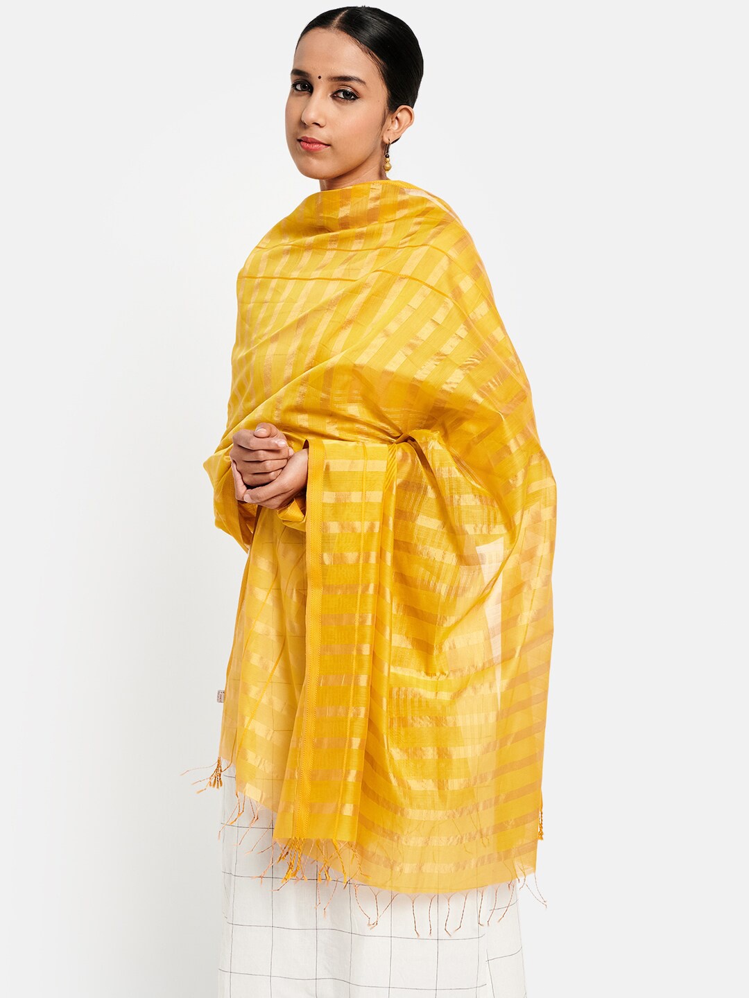 

Fabindia Women Yellow & Gold-Toned Striped Cotton Silk Dupatta