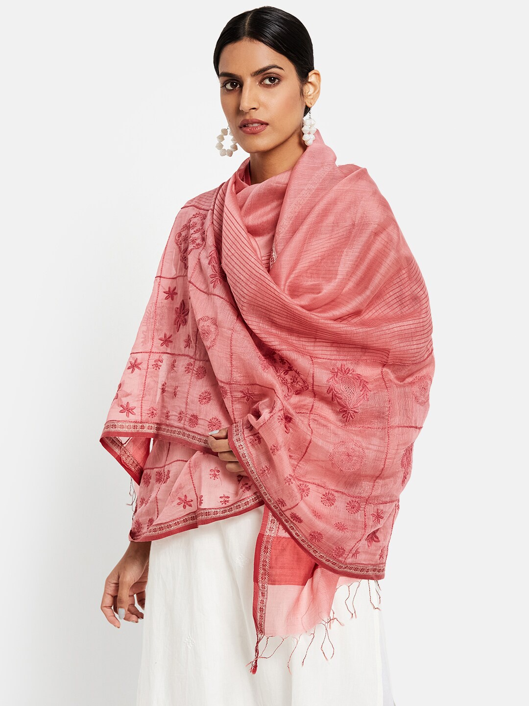 

Fabindia Pink Embroidered Cotton Silk Dupatta with Chikankari Work