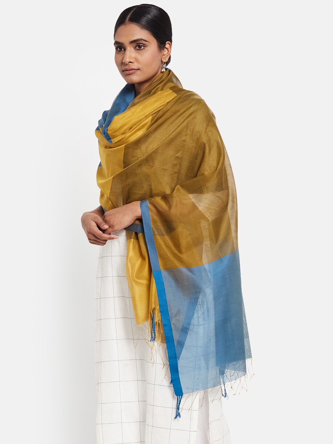 

Fabindia FabBasic Olive Green & Blue Woven Design Cotton Silk Dupatta