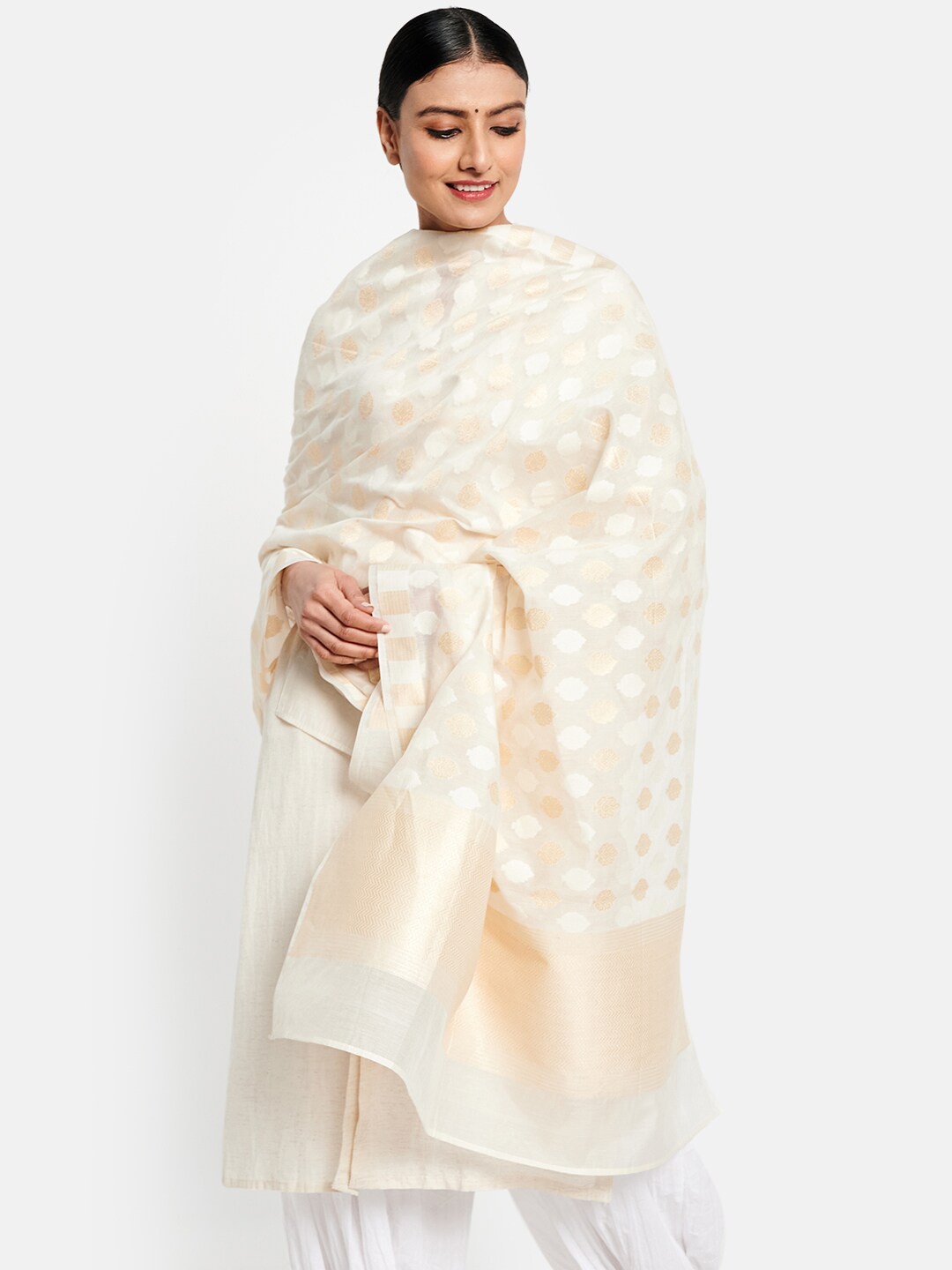 

Fabindia Off White & Gold-Toned Ethnic Motifs Woven Design Cotton Silk Dupatta