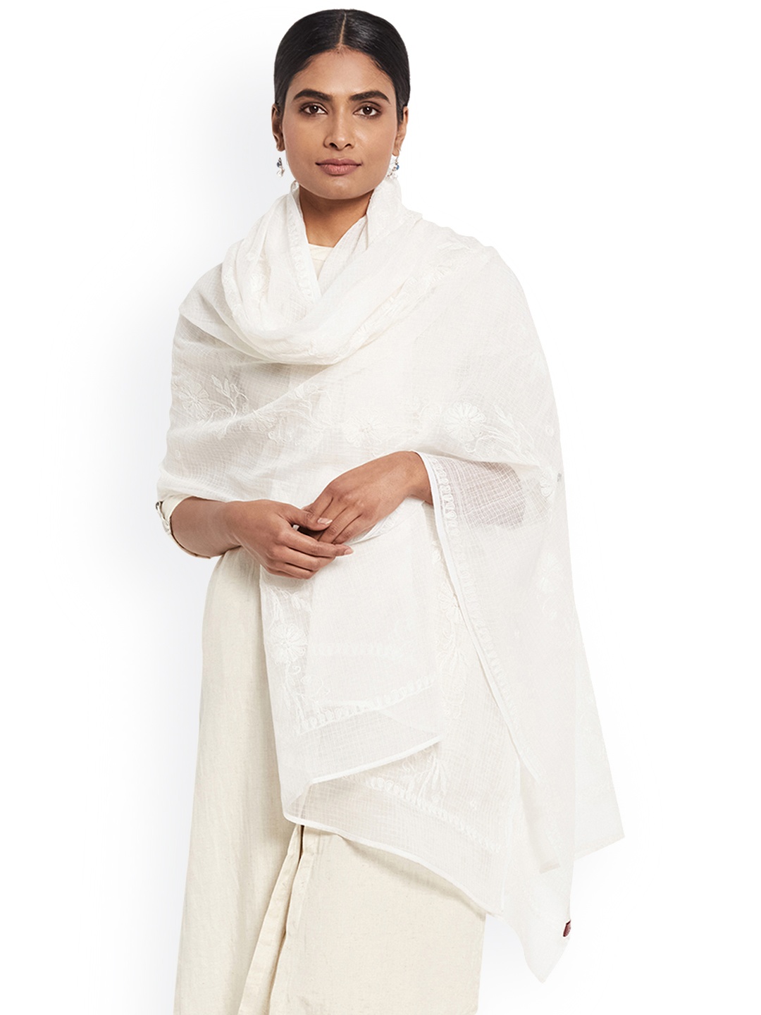 

Fabindia White Embroidered Cotton Silk Dupatta