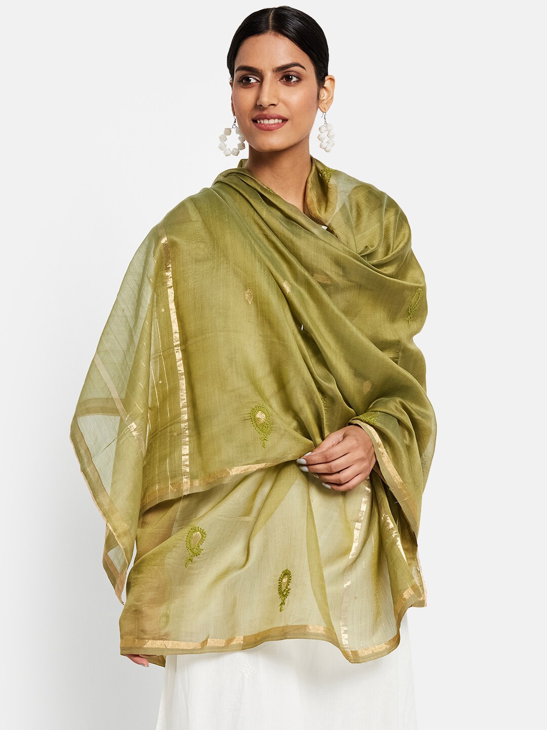 

Fabindia Women Green & Gold Embroidered Cotton Silk Dupatta with Thread Work
