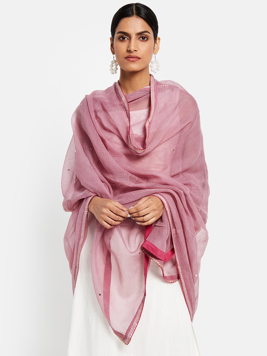 

Fabindia Purple & Golden Embroidered Cotton Silk Dupatta