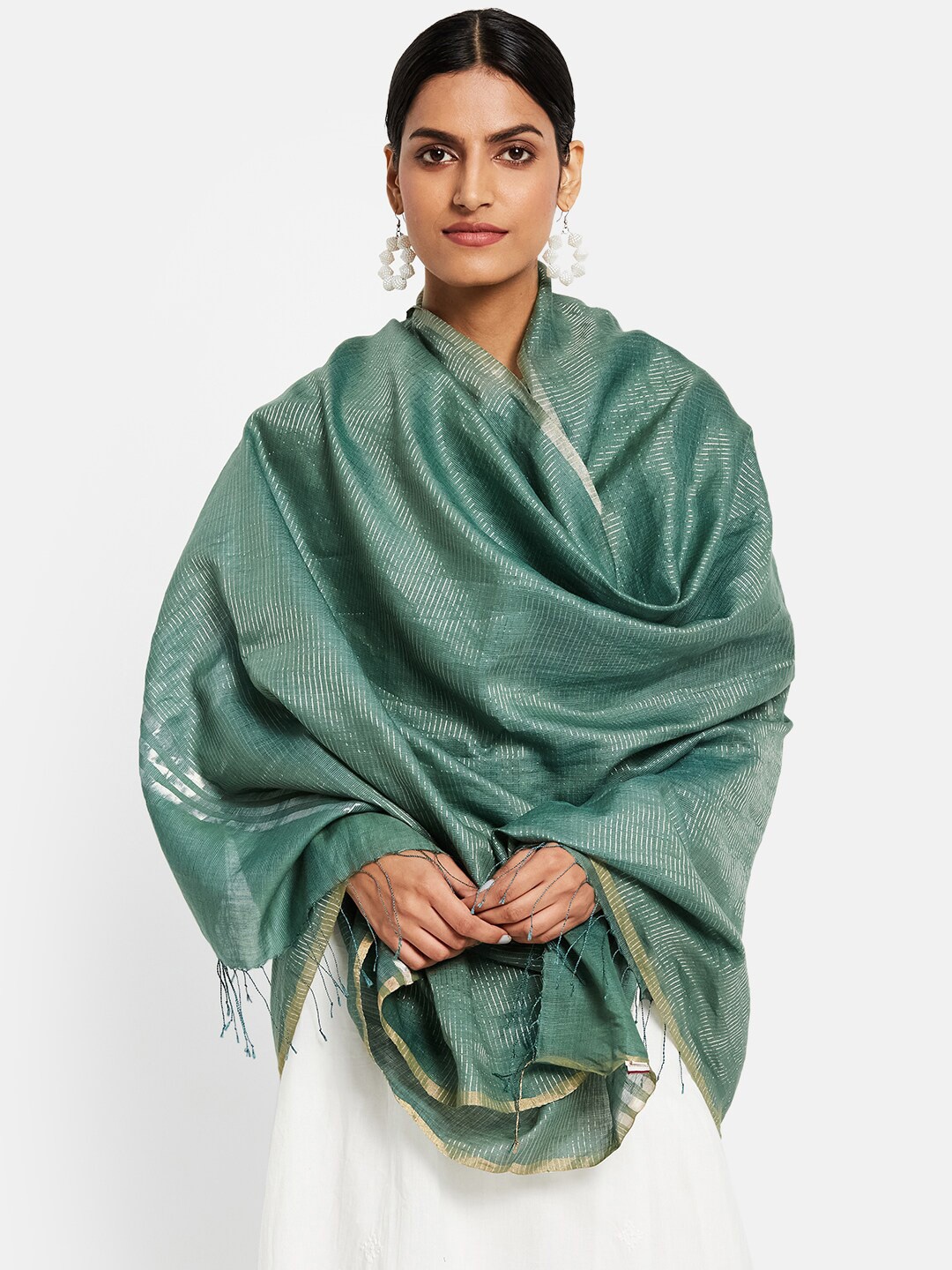 

Fabindia Women Green & Silver-Toned Woven Design Cotton Silk Dupatta