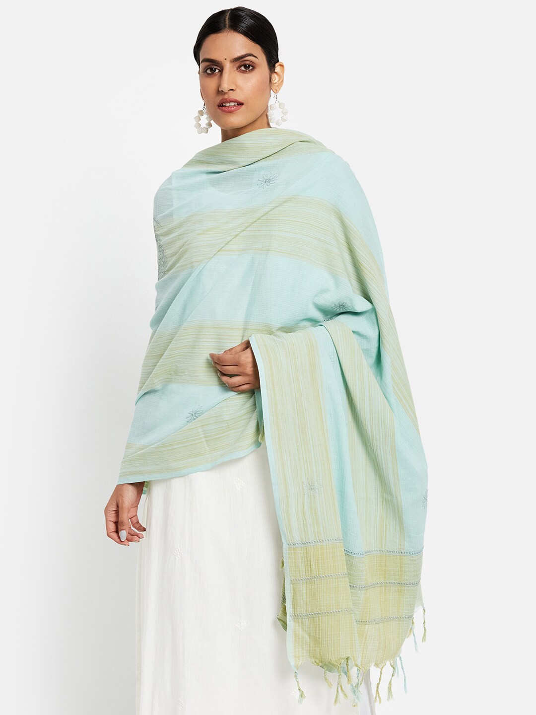 

Fabindia Blue & Gold-Toned Embroidered Pure Cotton Dupatta with Chikankari Work