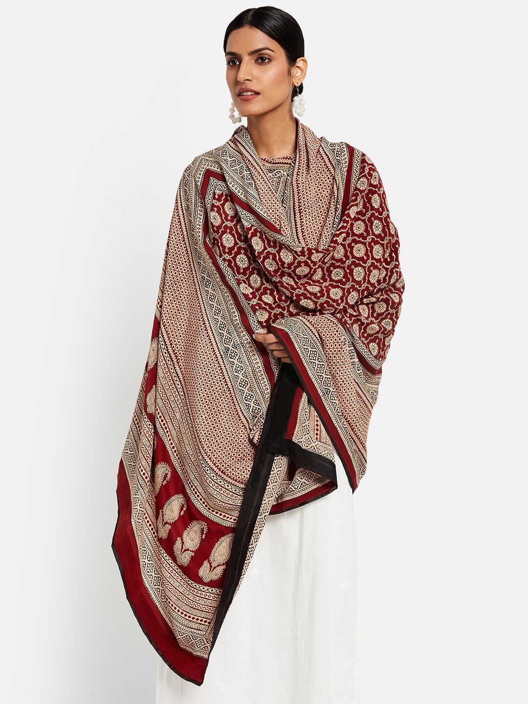 

Fabindia Maroon & Beige Ethnic Motifs Printed Pure Silk Dupatta