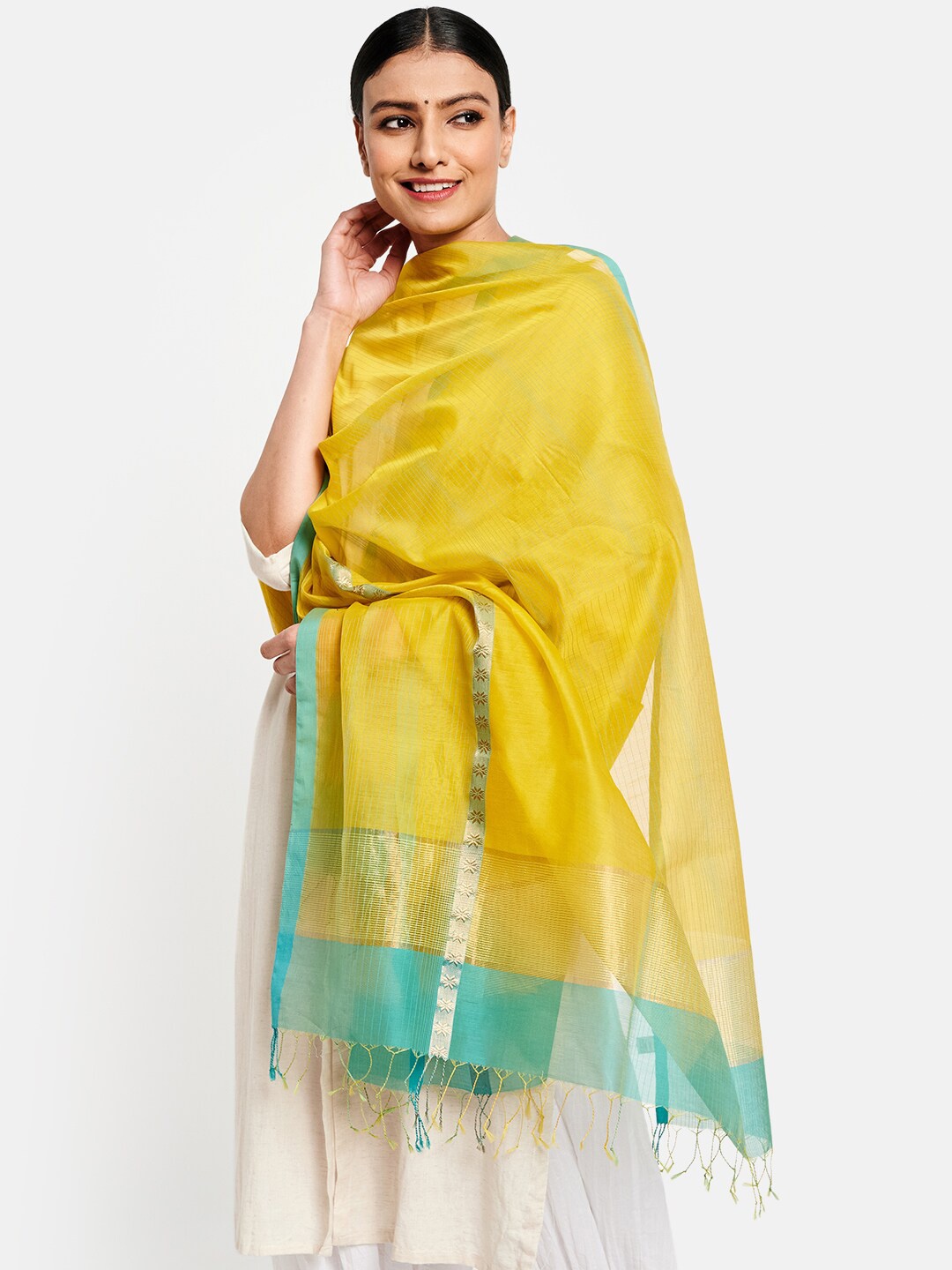 

Fabindia Yellow & Turquoise Blue Woven Design Cotton Silk Dupatta