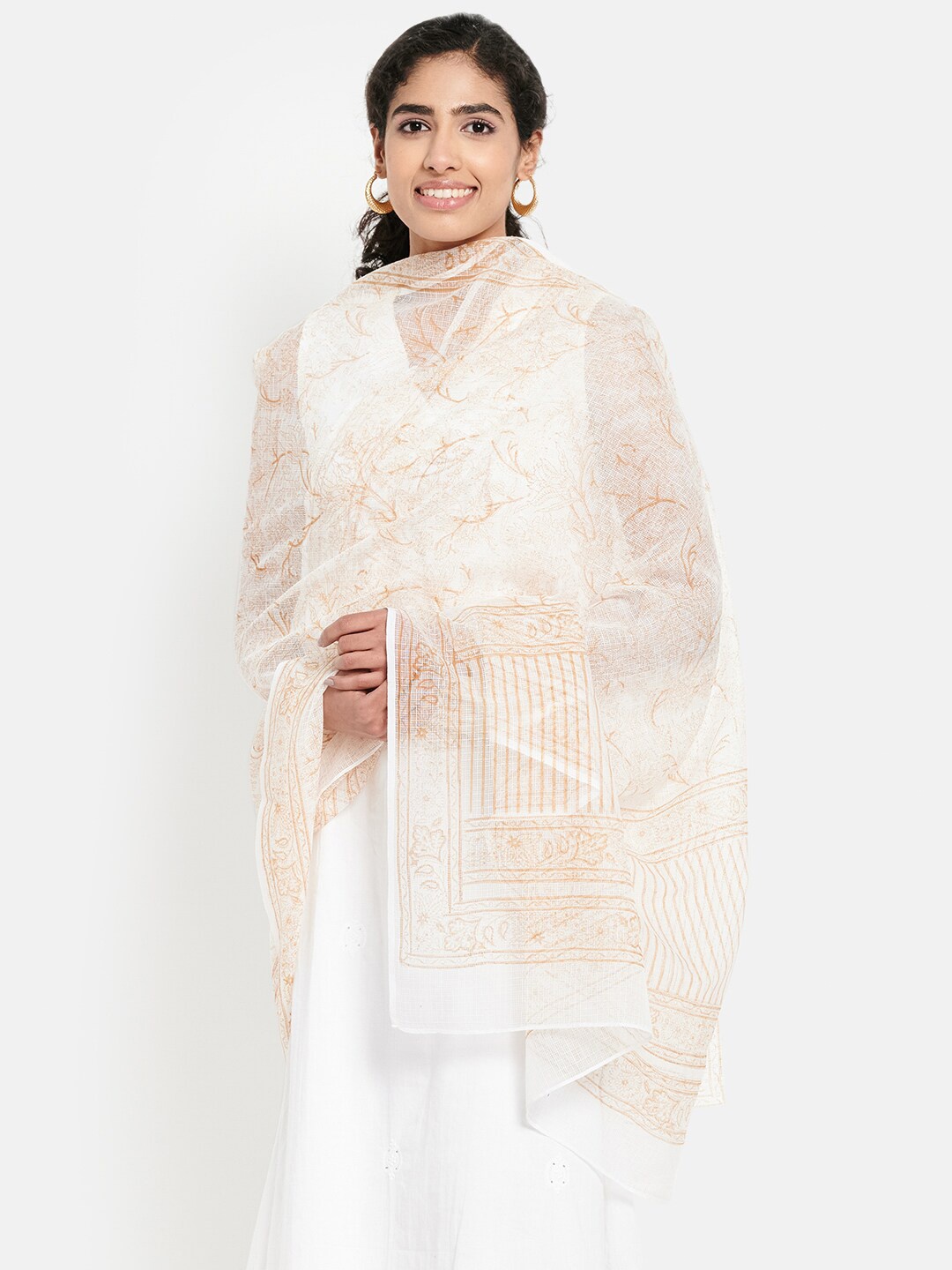 

Fabindia Yellow & White Printed Cotton Silk Dupatta