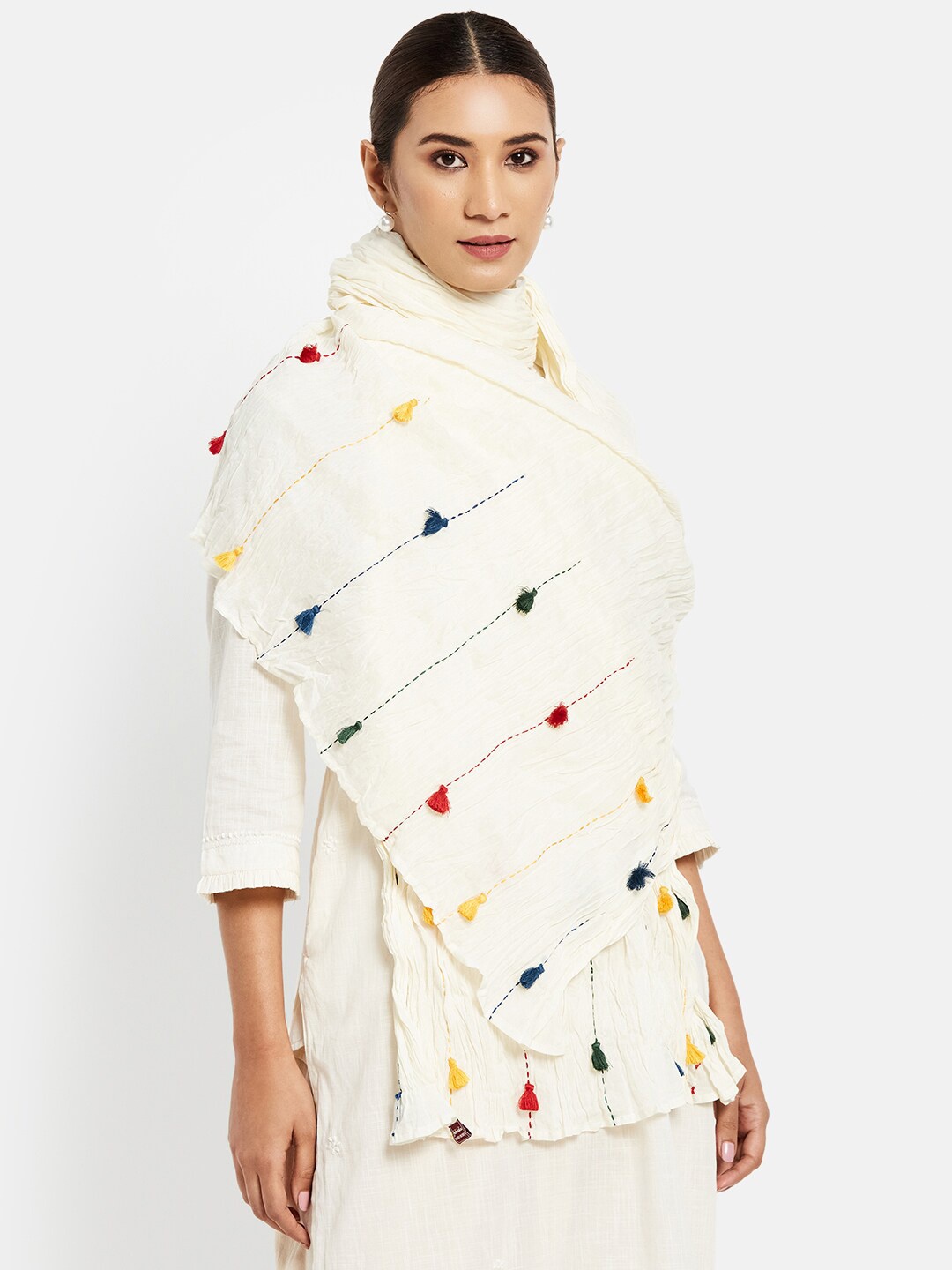 

Fabindia Off White & Blue Woven Design Tasselled Pure Cotton Dupatta