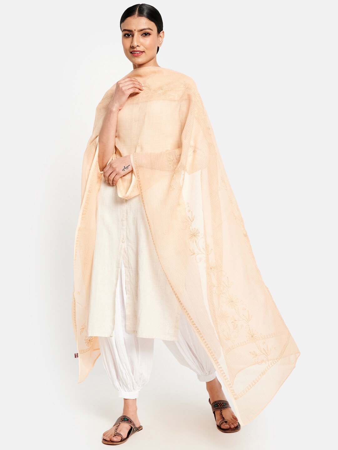 

Fabindia Women Beige Cotton Silk Chikankari Dupatta