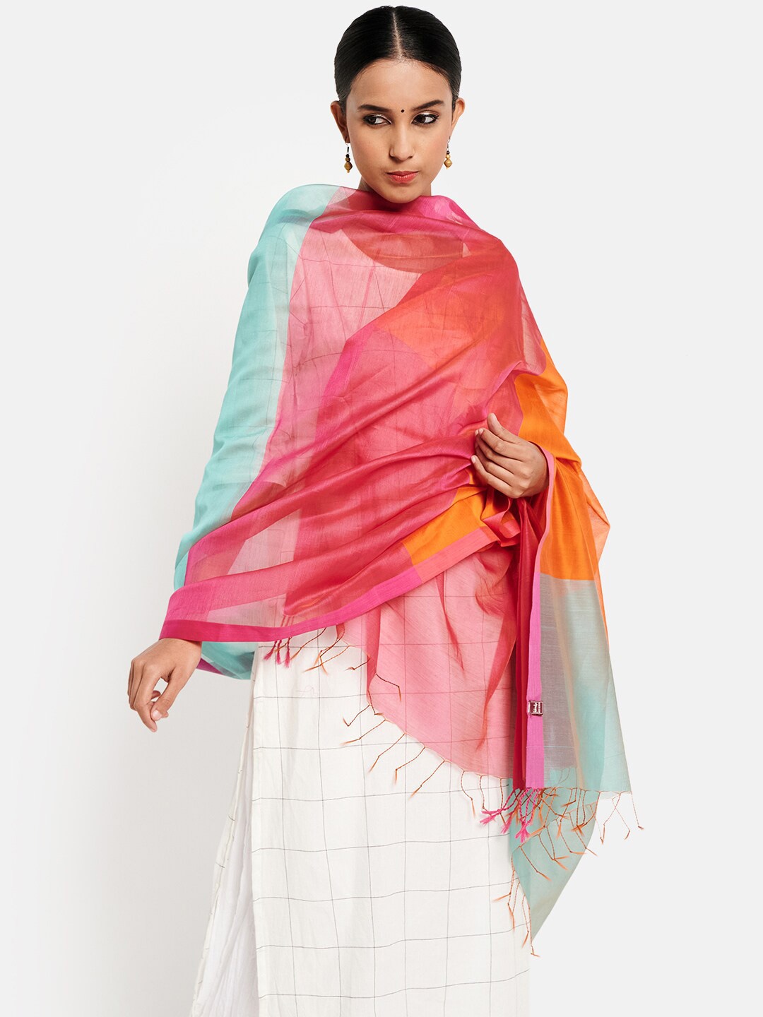 

Fabindia Women Orange & Blue Ombre Woven Design Cotton Silk Dupatta