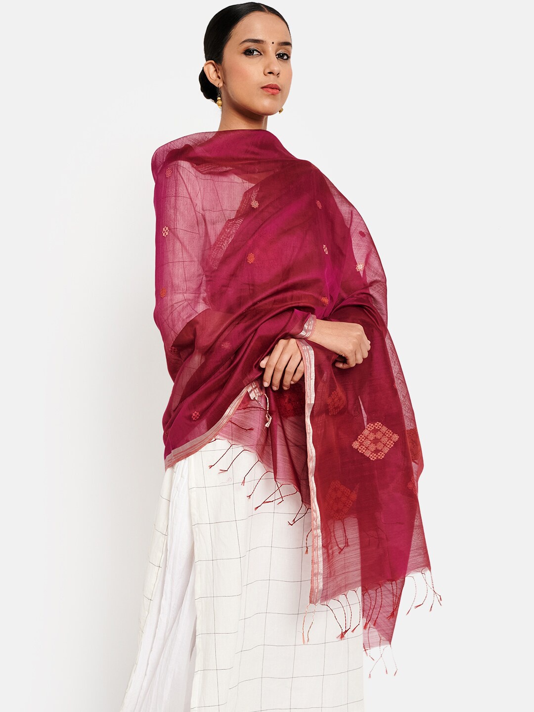 

Fabindia Violet & Silver-Toned Ethnic Motifs Woven Design Cotton Silk Chanderi Dupatta