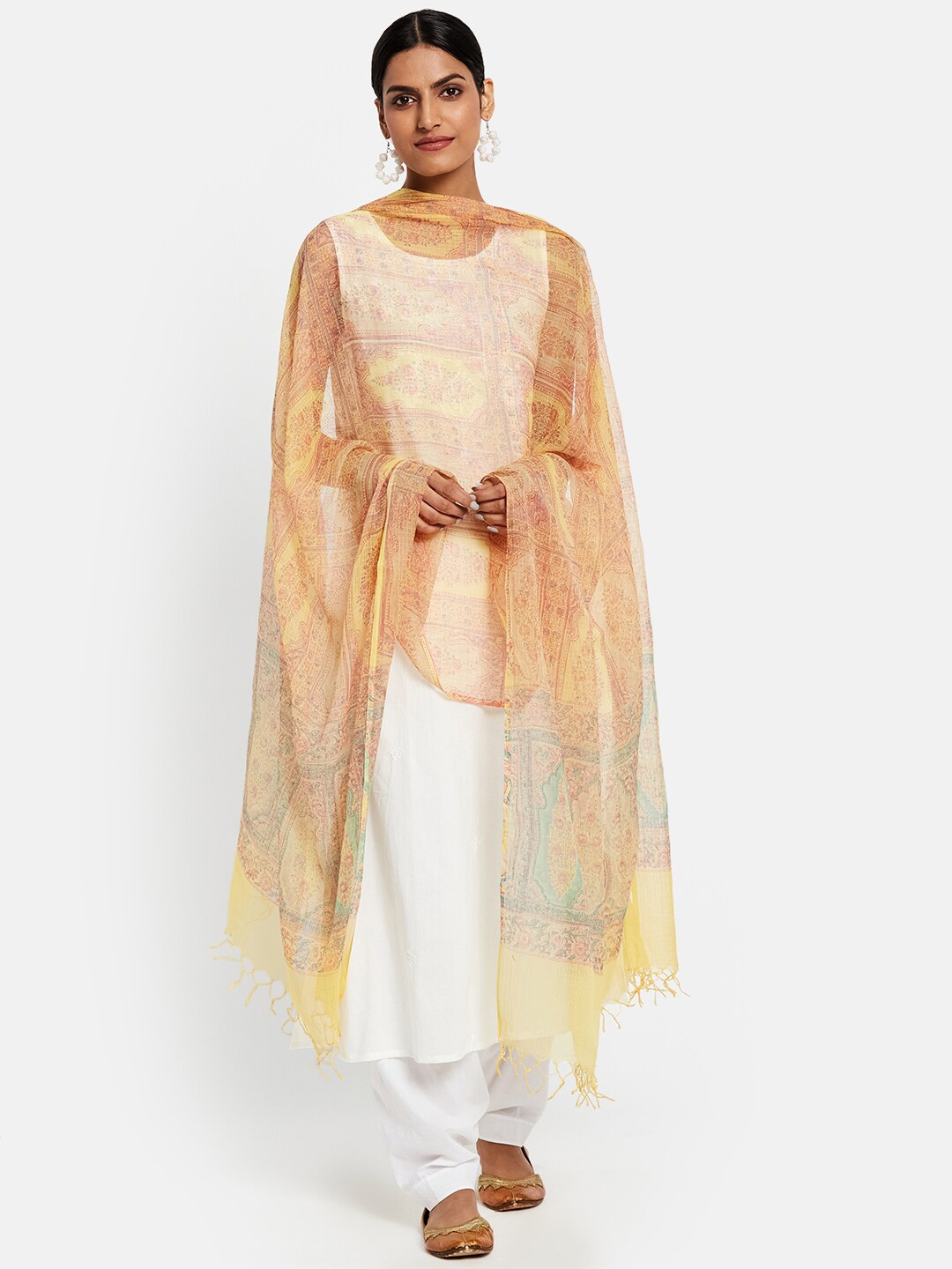 

Fabindia Yellow & Pink Printed Cotton Silk Dupatta