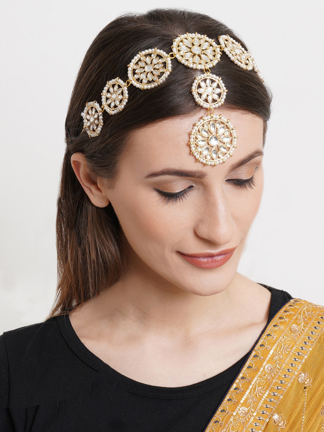 

KARATCART Gold-Plated Floral White Kundan-Studded Sheeshphool