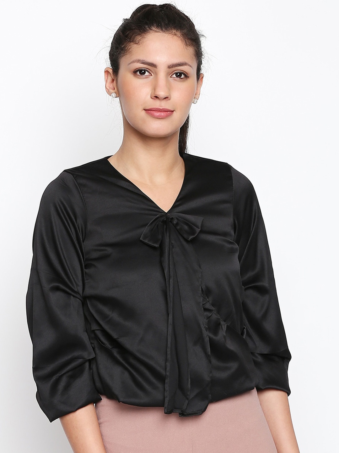 

aaliya Women Black Solid Puff Sleeves Satin Top