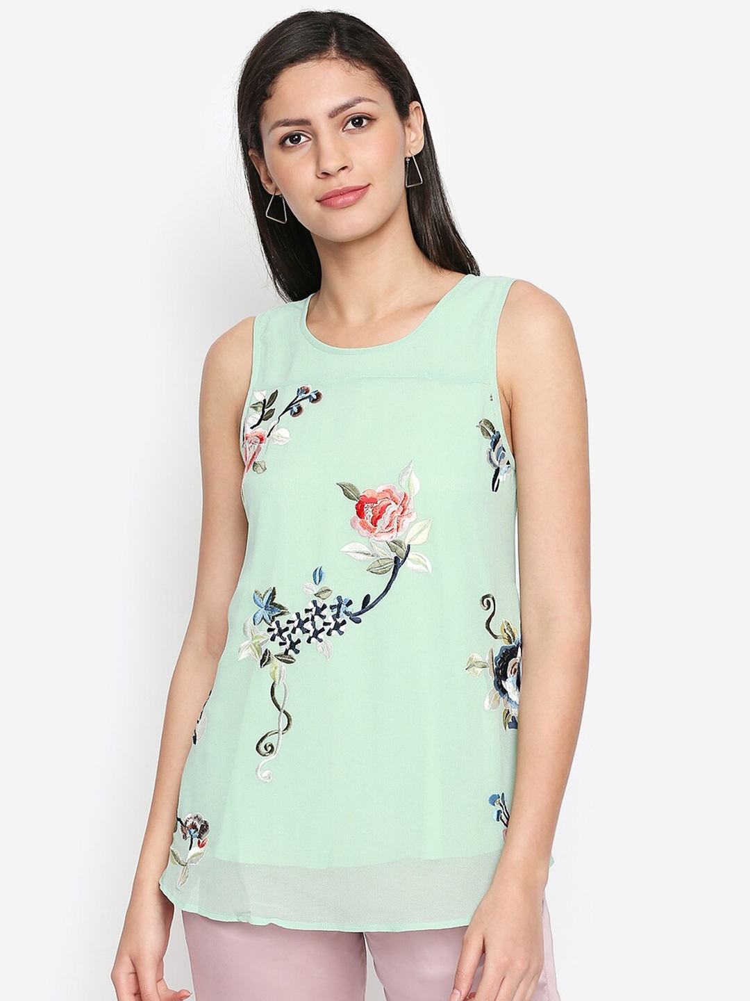 

aaliya Green & Blue Floral Print Georgette Longline Top