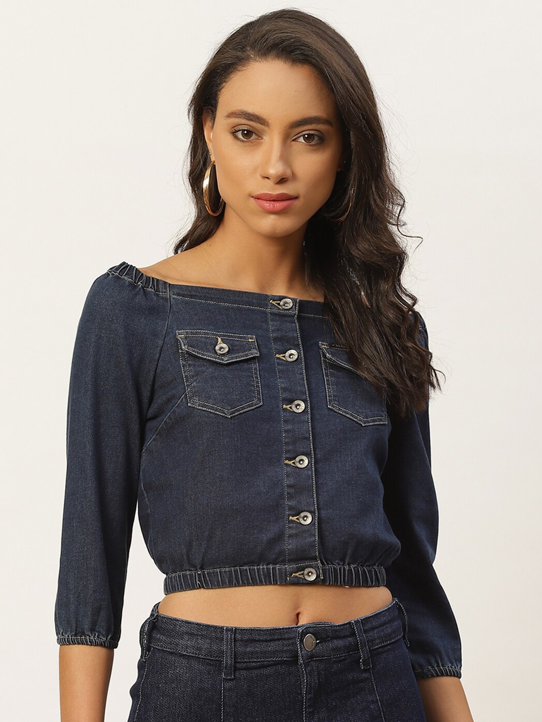 

Xpose Blue Denim Blouson Crop Top