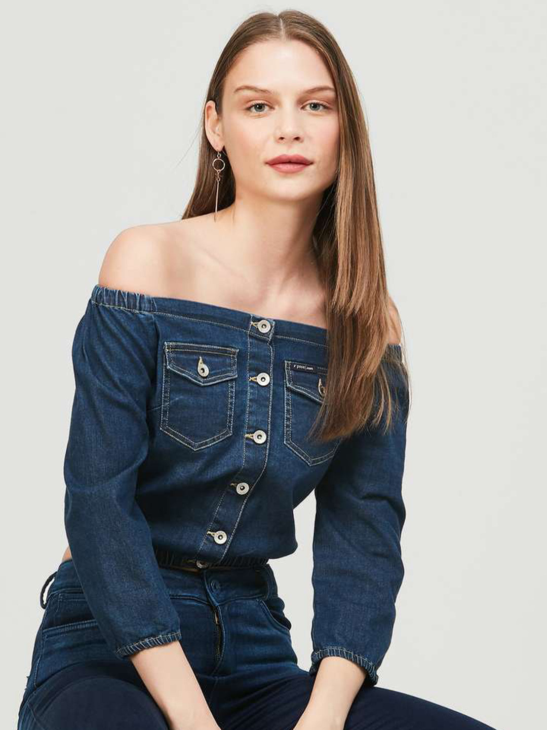 

Xpose Women Navy Blue Off-Shoulder Denim Cotton Bardot Top
