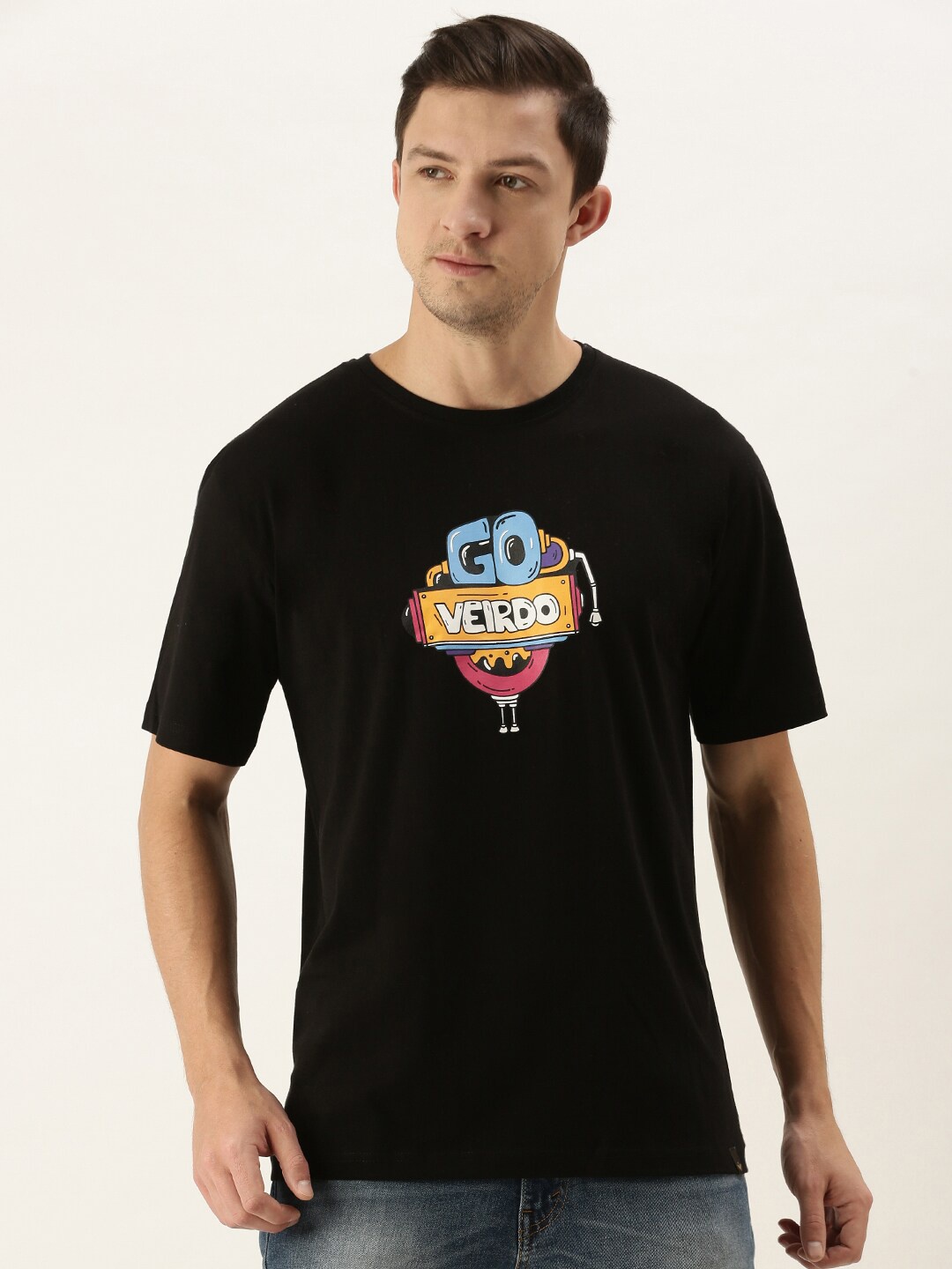 

VEIRDO Men Black Printed Oversize T-shirt