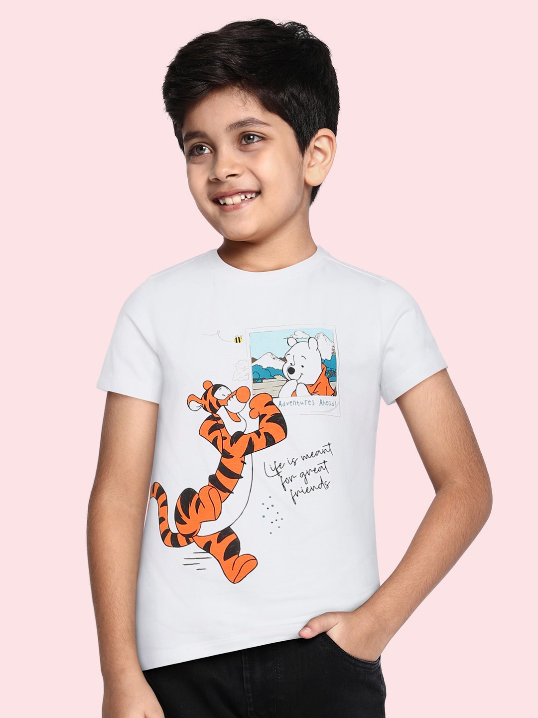

Allen Solly Junior Boys White & Orange Tigger & Winnie Printed Pure Cotton T-shirt