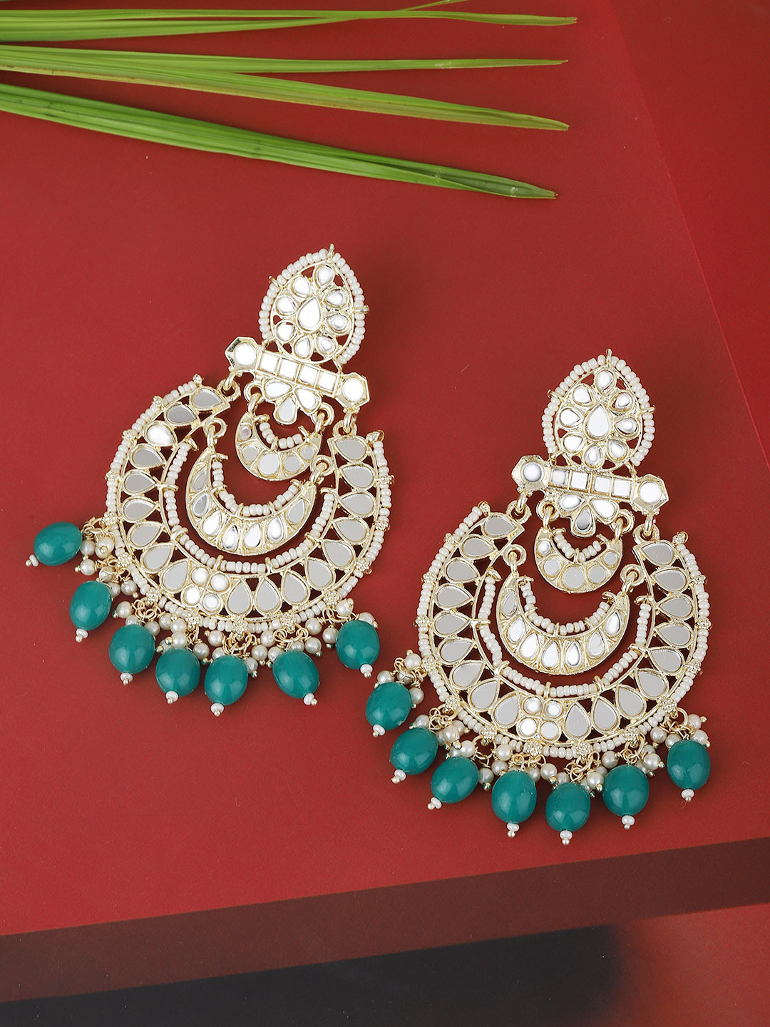 

KOLHA-BY CARLTON Gold-Toned & Green Stone Studded & Beaded Classic Chandbalis Earrings