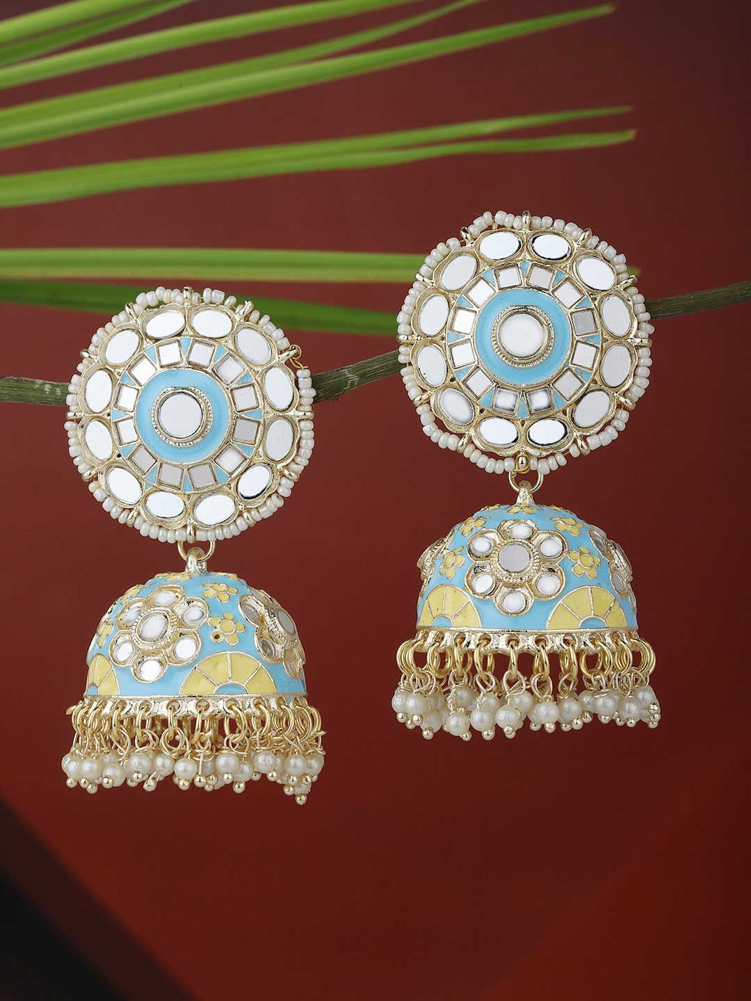 

KOLHA-BY CARLTON Gold-Toned & Turquoise Blue Stone Studded & Beaded Dome Shaped Jhumkas