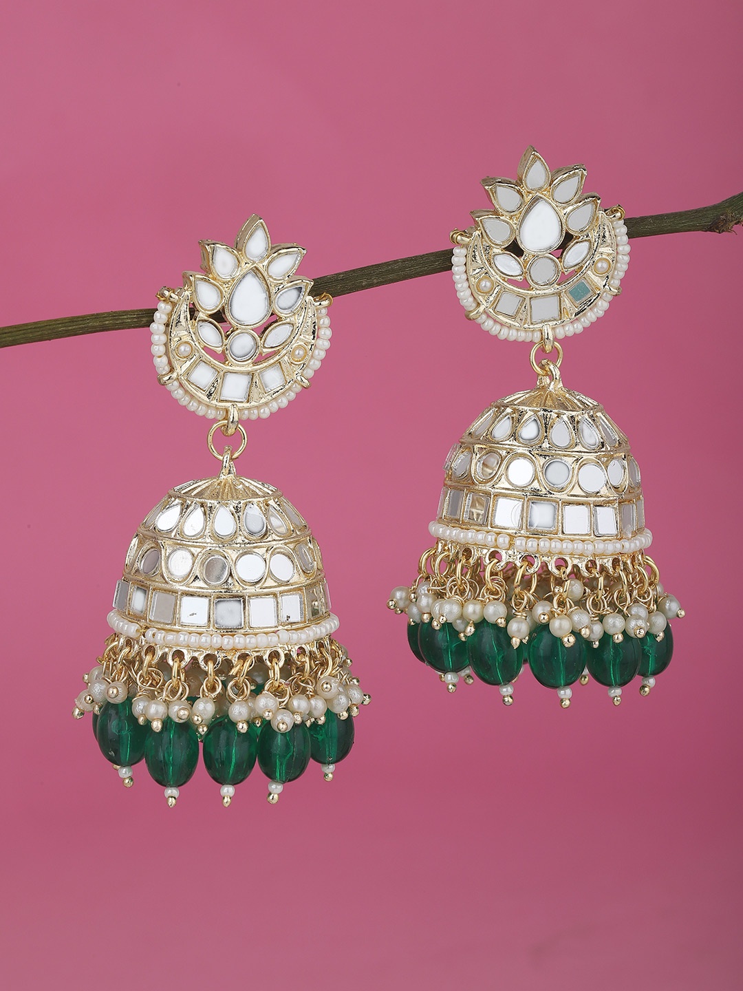 

KOLHA-BY CARLTON Gold-Toned & Green Stone Studded & Beaded Dome Shaped Jhumkas