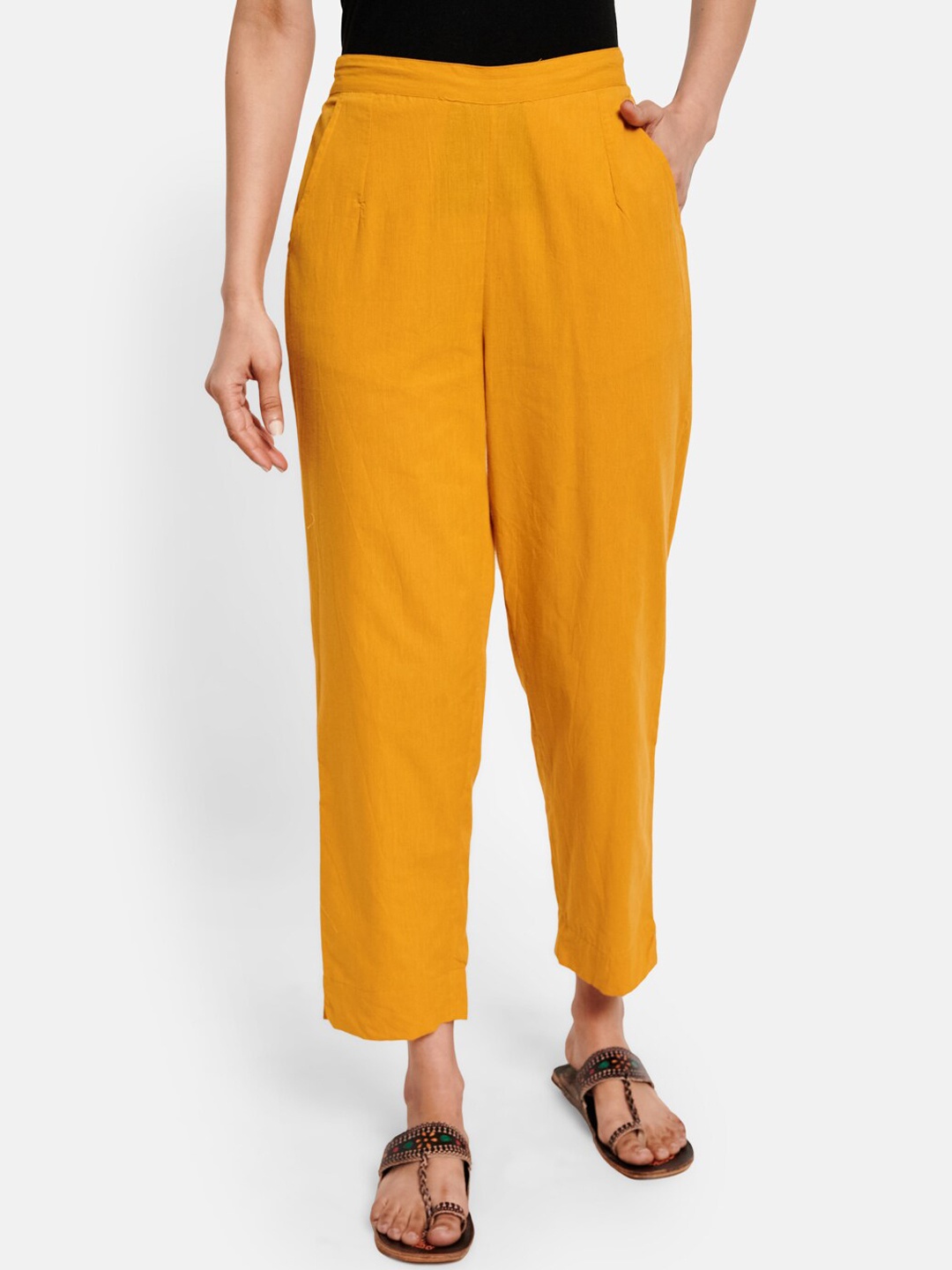 

Fabindia Women Mustard Yellow Trousers